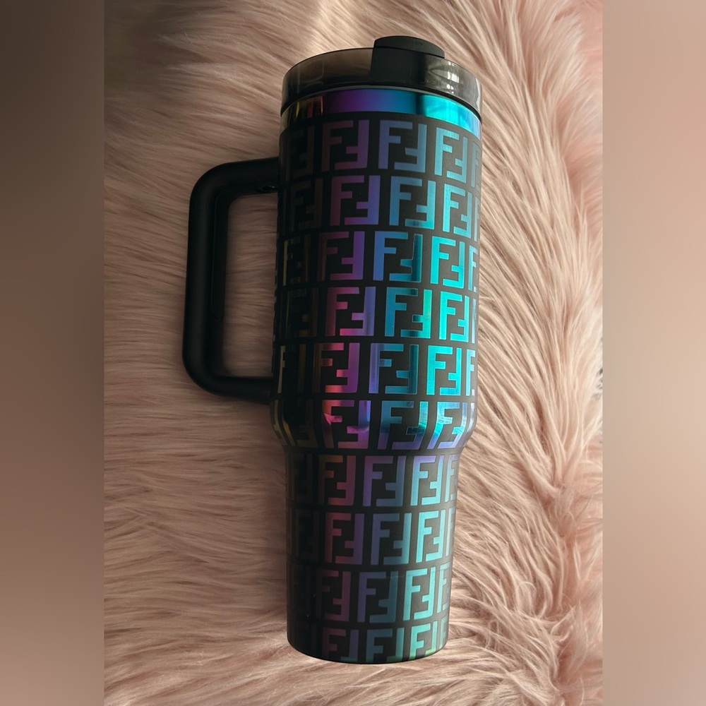 Lux Black Rainbow Multicolor 40oz Lazer Cut Travel Mug Workout Office Work